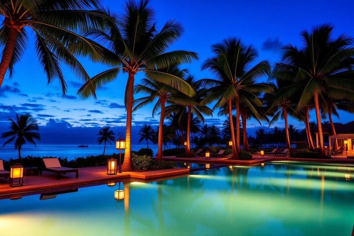 Twilight pool view and calm evening lighting at Beyond Sands Resort